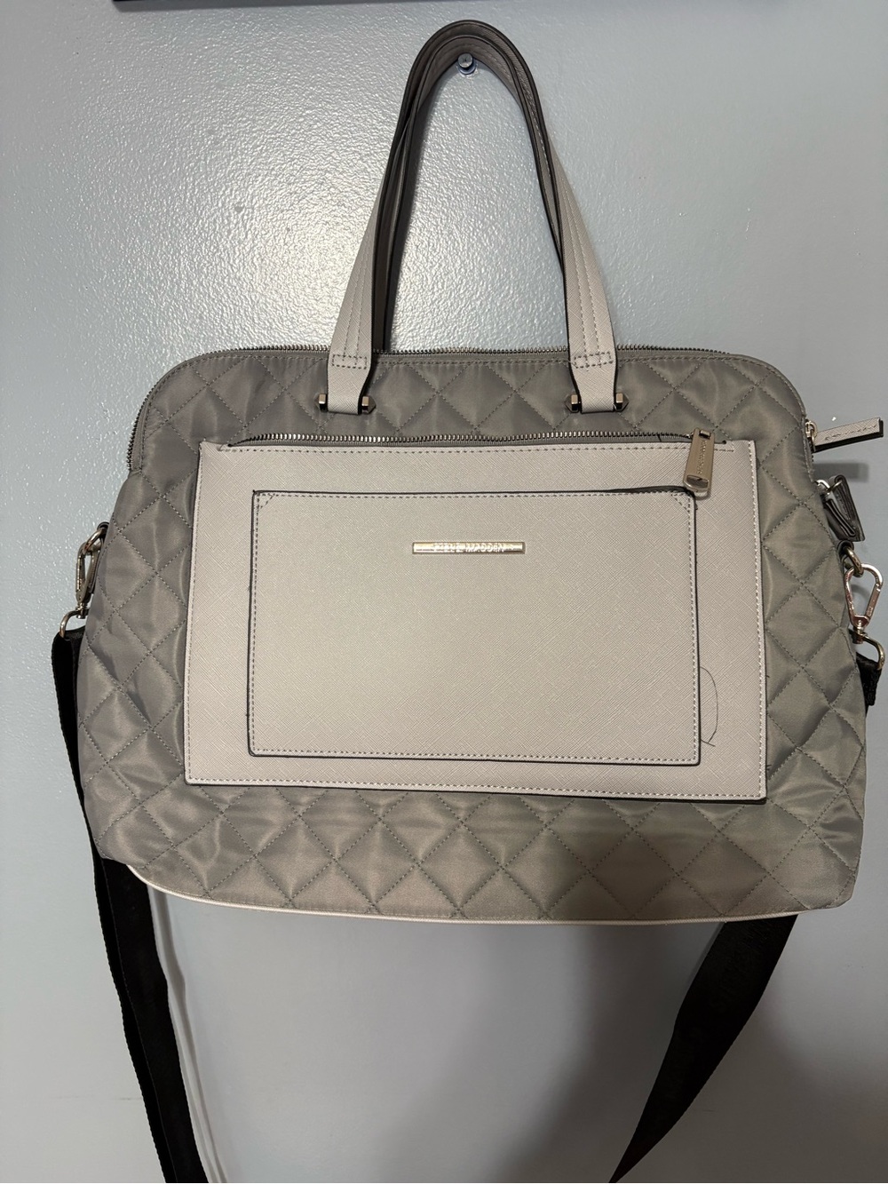 Steve Madden Quilted Laptop Tote in Light Gray and Cream